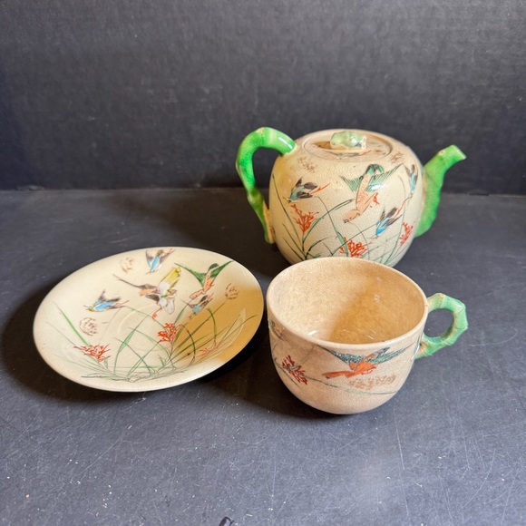 Handcrafted Japanese Ceramic Tea Set with Green and Cream Accents [Item 0200]